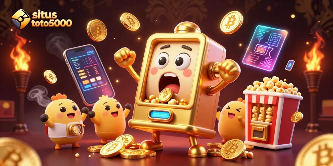 Situs toto5000 showcases amazed slot machines enjoying a jackpot amidst vibrant crypto symbols.