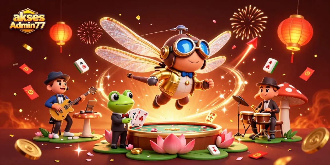 Experience big wins with akses Admin77 at this vibrant lily pad casino illustration.