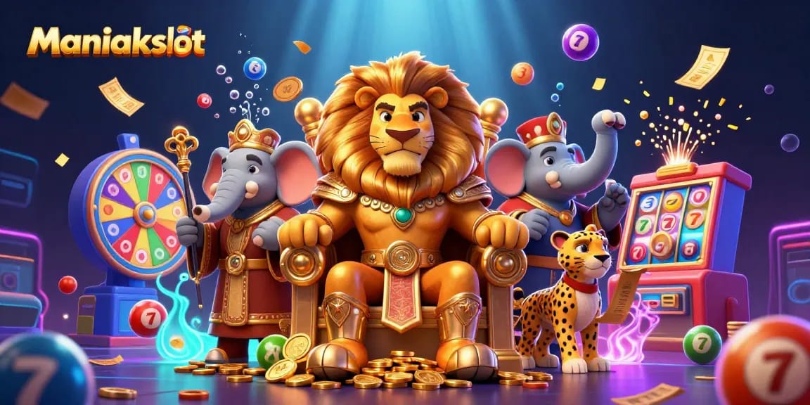 Experience the thrill of Maniakslot with a dynamic casino scene featuring a lion king, vibrant elements, and exciting prizes.