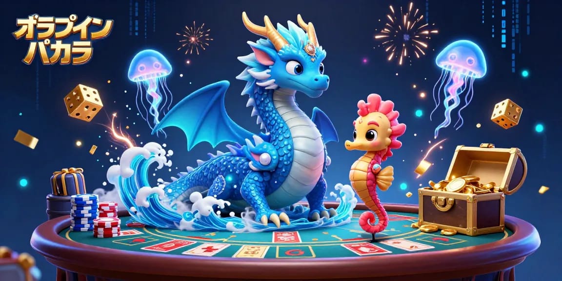 オンラインバカラで華やかに遊ぶ、海のドラゴンと勇敢なタツノオトシゴ騎士のイラスト