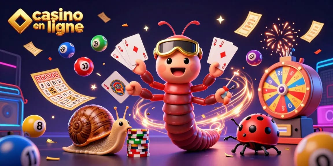Jouer au casino en ligne avec un croupier millipède et un escargot parieur entourés de loteries colorées.