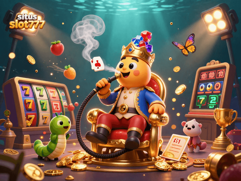Play and win at situs slot777 with an enchanting 3D scene featuring a whimsical caterpillar and slot reels.