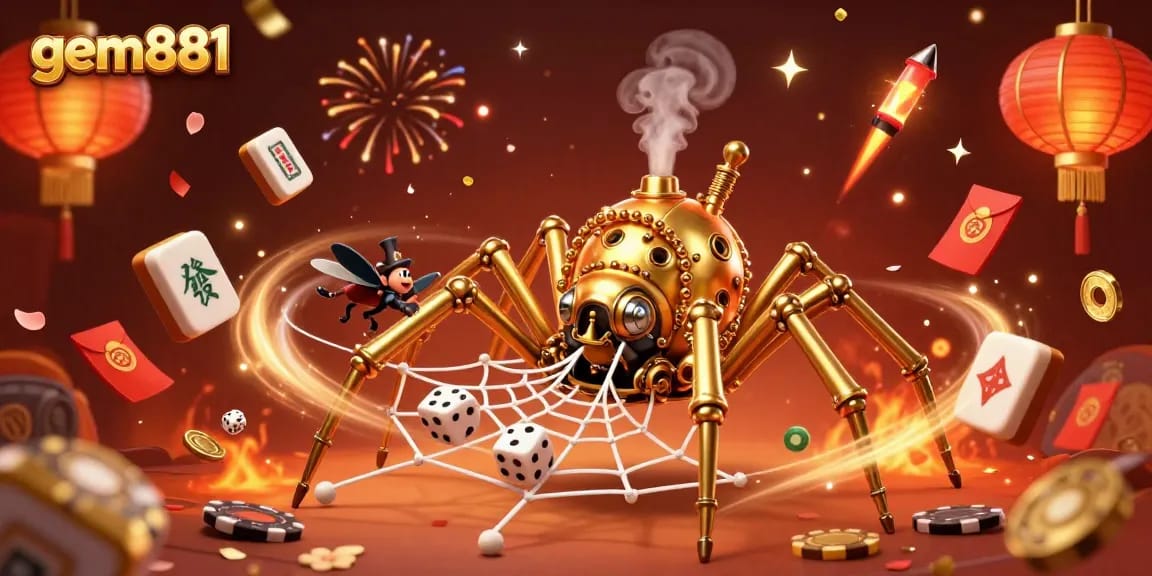gem881 showcases a colorful steampunk casino scene filled with poker chips, lanterns, and festive elements.