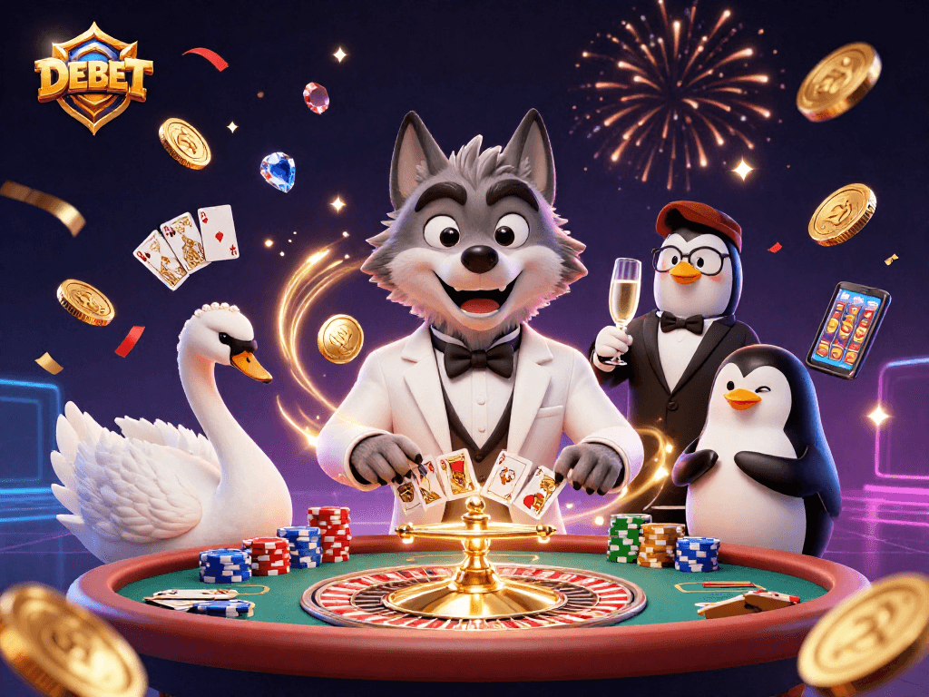 Experience DEBET in action with a debonair wolf, elegant swan, and sophisticated penguin at a vibrant casino scene.