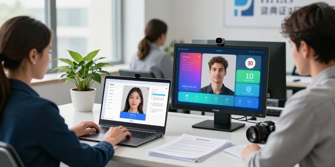 Age verification system in action showcasing users verifying identity and age seamlessly at a modern desk.