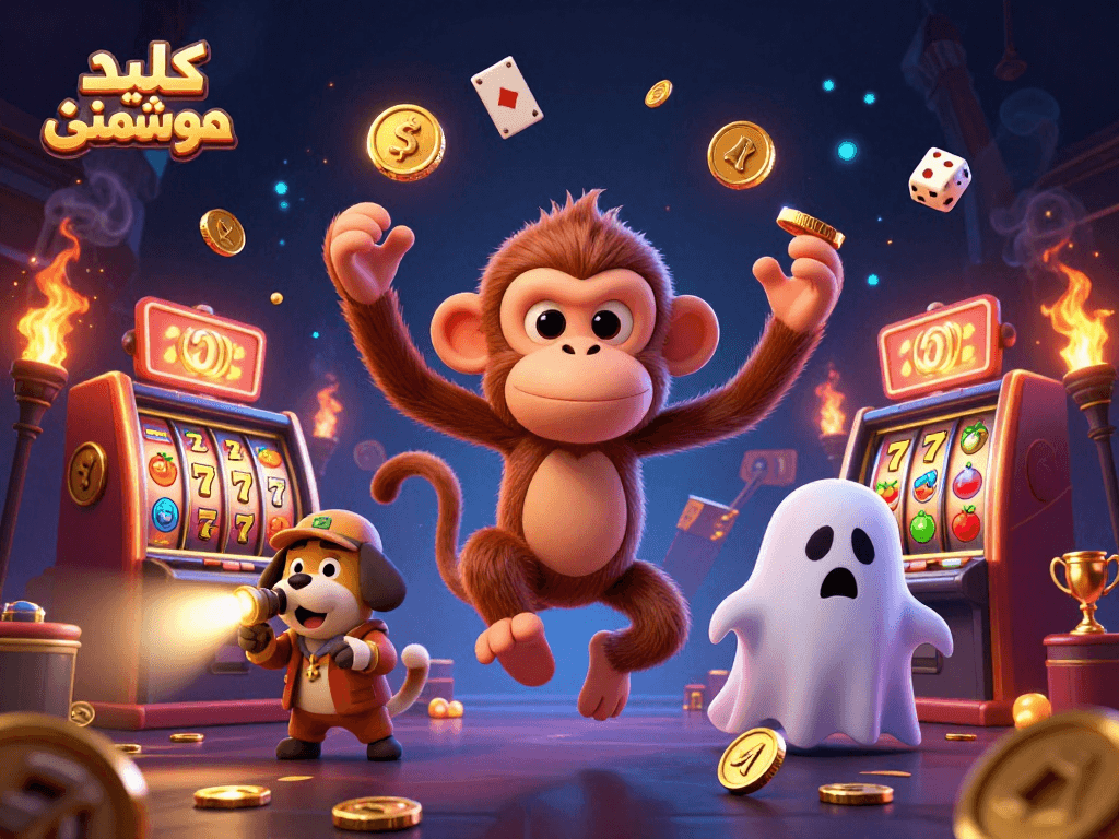 Engage with کلید لمسی هوشمند via a lively scene of a playful poltergeist monkey juggling golden objects in a vibrant casino atmosphere.