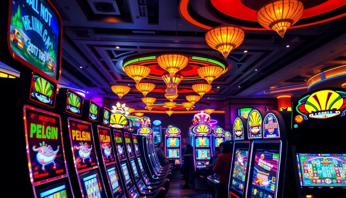 Menangkan permainan link tikislot di kasino dengan mesin slot berwarna-warni dan suasana yang meriah.