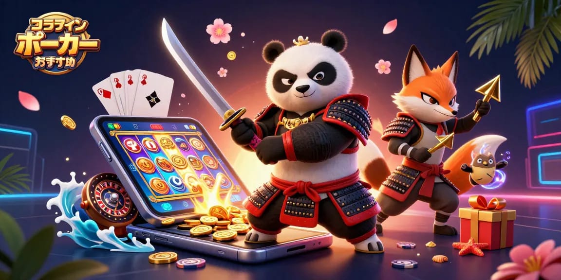 オンラインポーカーおすすめのシーンで、サムライパンダと忍者フォックスがスロットをプレイする楽しいイラストです。