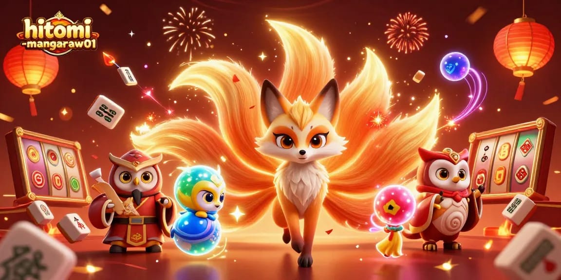 Experience the vibrant casino world with hitomi-mangaraw01, where a nine-tailed fox and wise owl celebrate lucky moments.