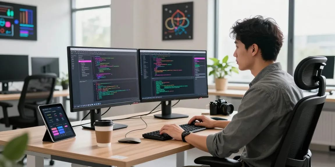 Professional workspace of a developer at teiegramin.com, coding on dual monitors with inspiring office decor.