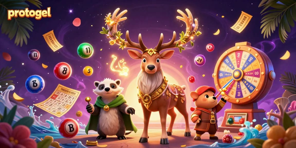 Engage in lottery fun with protogel’s vibrant 3D illustration featuring colorful winnings and magical elements.