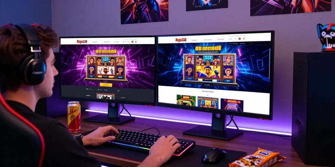 Raja328 gaming setup showcasing engaging slot games and vibrant interface for an immersive gambling experience.