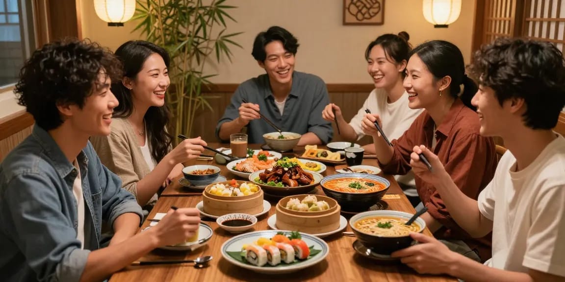 Diverse friends enjoying Asian cuisine and culture at https://hanadultalk.com