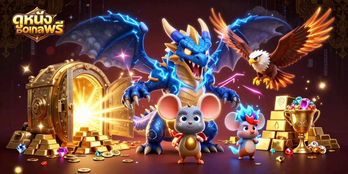 Experience ดูหนังออนไลน์ฟรี with a vibrant 3D casino scene featuring lightning dragon and treasures.