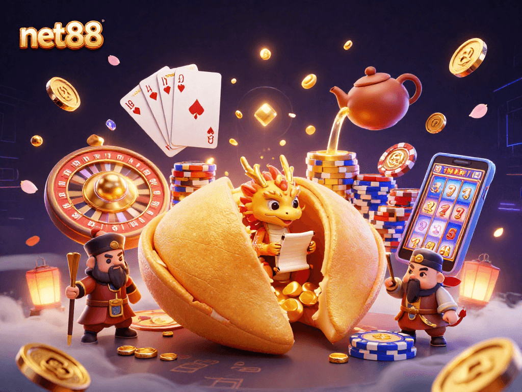 Engage with net88 through an exciting casino adventure featuring a fortune cookie and vibrant gambling elements.