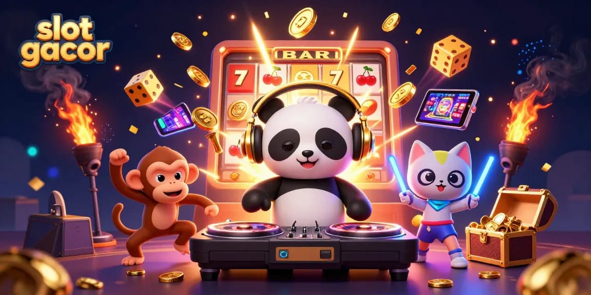 Experience the excitement of slot gacor games with a colorful, vibrant casino illustration.