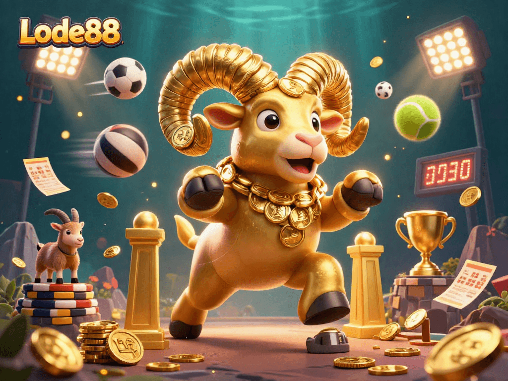 Lode88 features a massive golden ram charging through a vibrant casino scene filled with sports elements and golden coins.