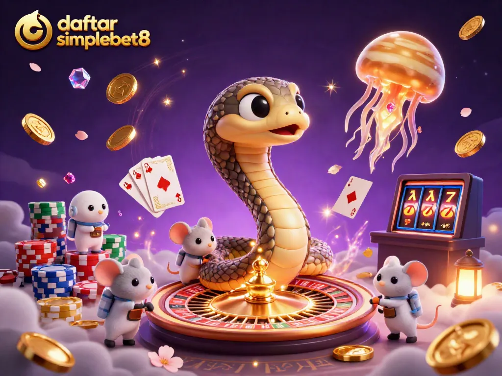 Engage with daftar simplebet8 featuring vibrant gaming elements and cosmic characters in an animated casino scene.