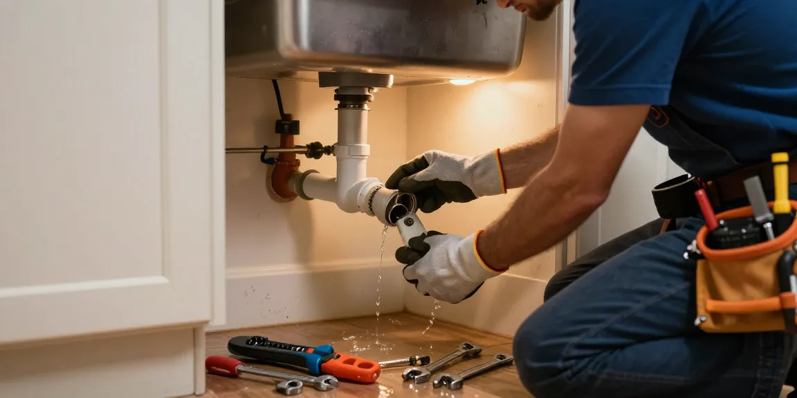Emergency plumber in Sandy fixing a broken pipe under a kitchen sink while surrounded by plumbing tools.