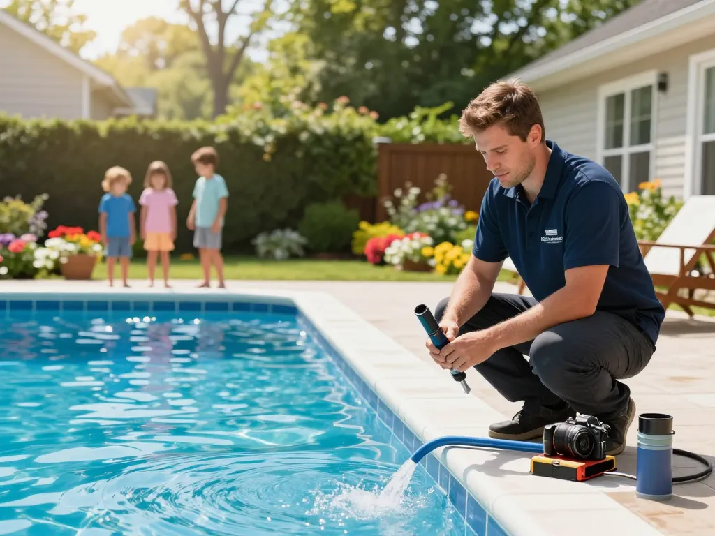Dolphin Pool Services professional technician performing maintenance in a beautiful Virginia backyard.