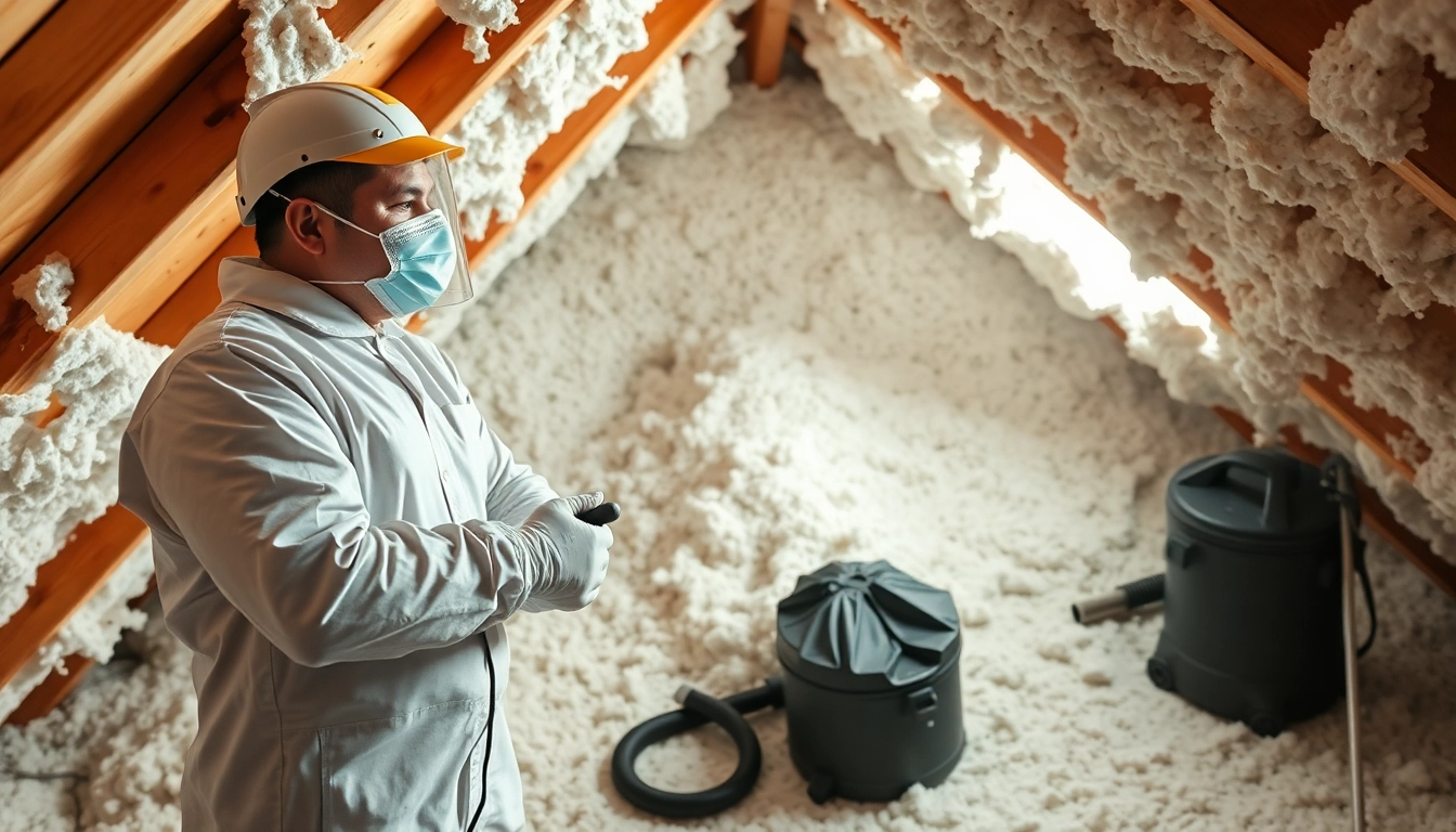Loft insulation removal specialist professionally extracting insulation material in an attic.