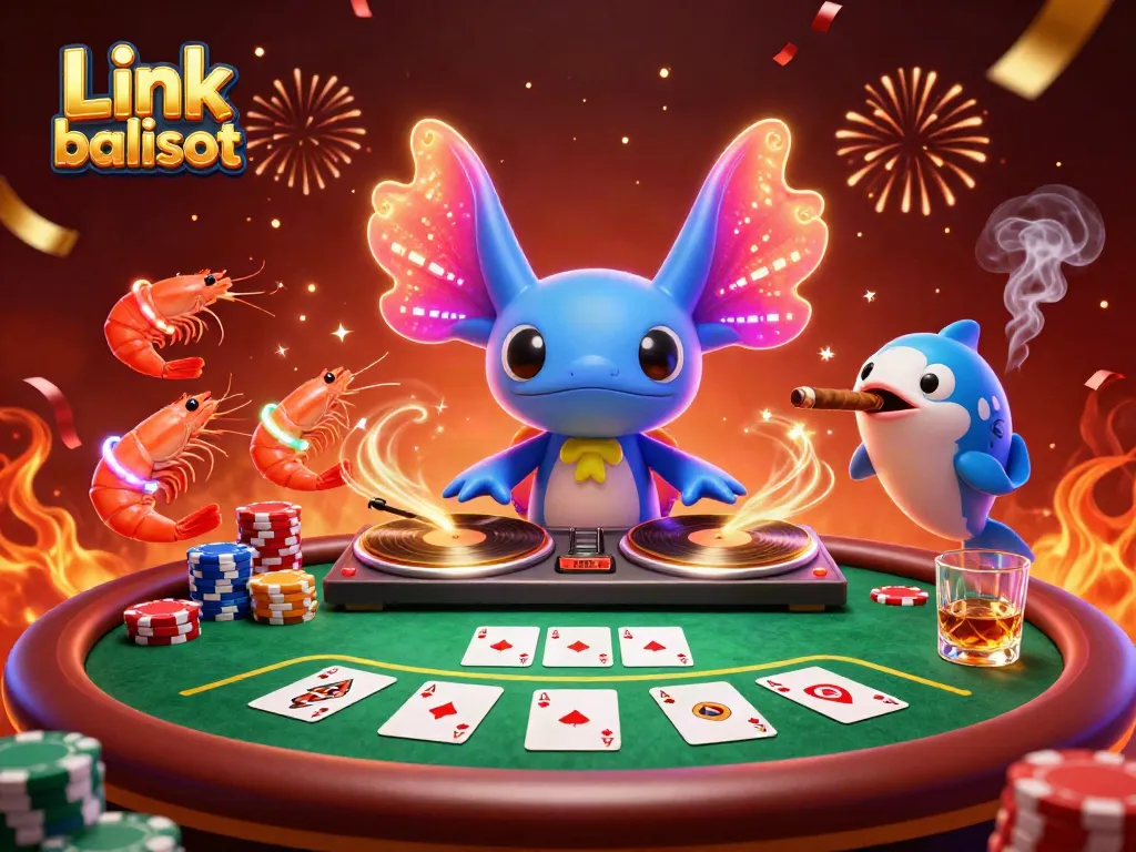 Experience dynamic action in Link balislot as the neon axolotl DJ spins, surrounded by vibrant poker elements.