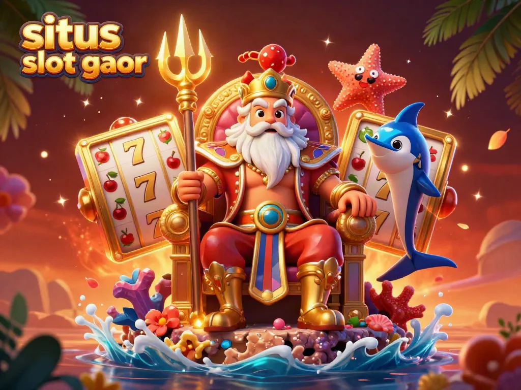 Menangkan jackpot di situs slot gacor dengan ilustrasi karakter kaisar laut Neptune dan simbol keberuntungan.