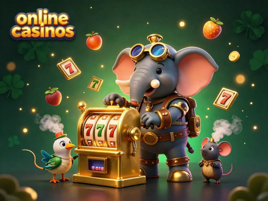Engaging scene of online casinos with a steampunk elephant engineering a golden slot machine.