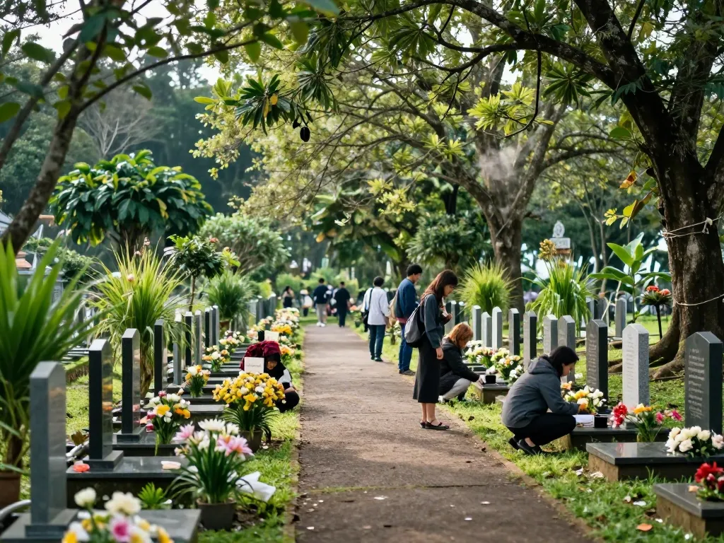 Memorial park scene showing families visiting graves while exploring jual lahan makam jogja in a peaceful environment.