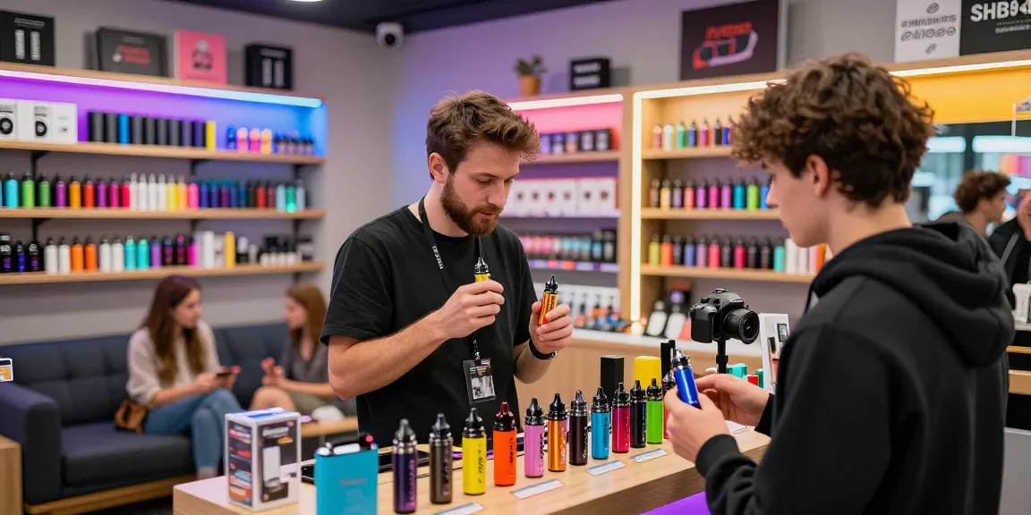 Customer exploring different 電子煙油 options with staff in a modern vape shop.