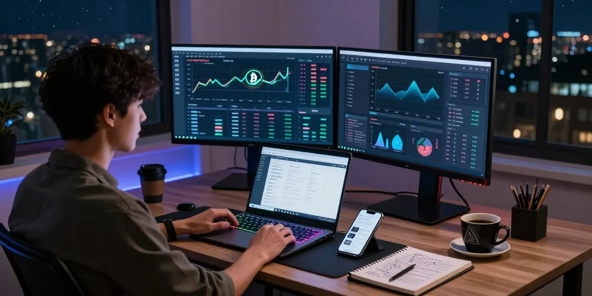 cloud mining crypto trading setup with Bitcoin charts and DeFi interface in a modern home office