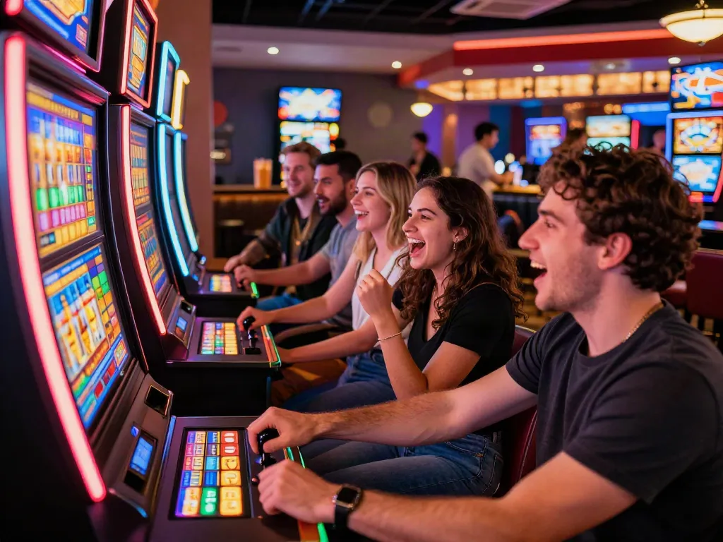 Pengalaman bermain slot777 di kasino dengan teman-teman, suasana meriah dan warna-warni.