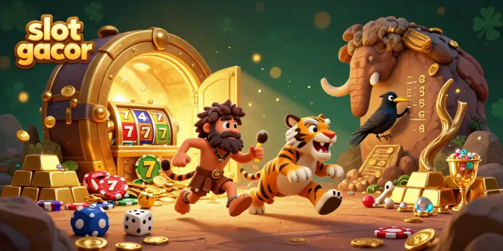 Experience thrilling slot gacor gameplay with a vibrant prehistoric casino featuring colorful slot reels and dynamic game elements.
