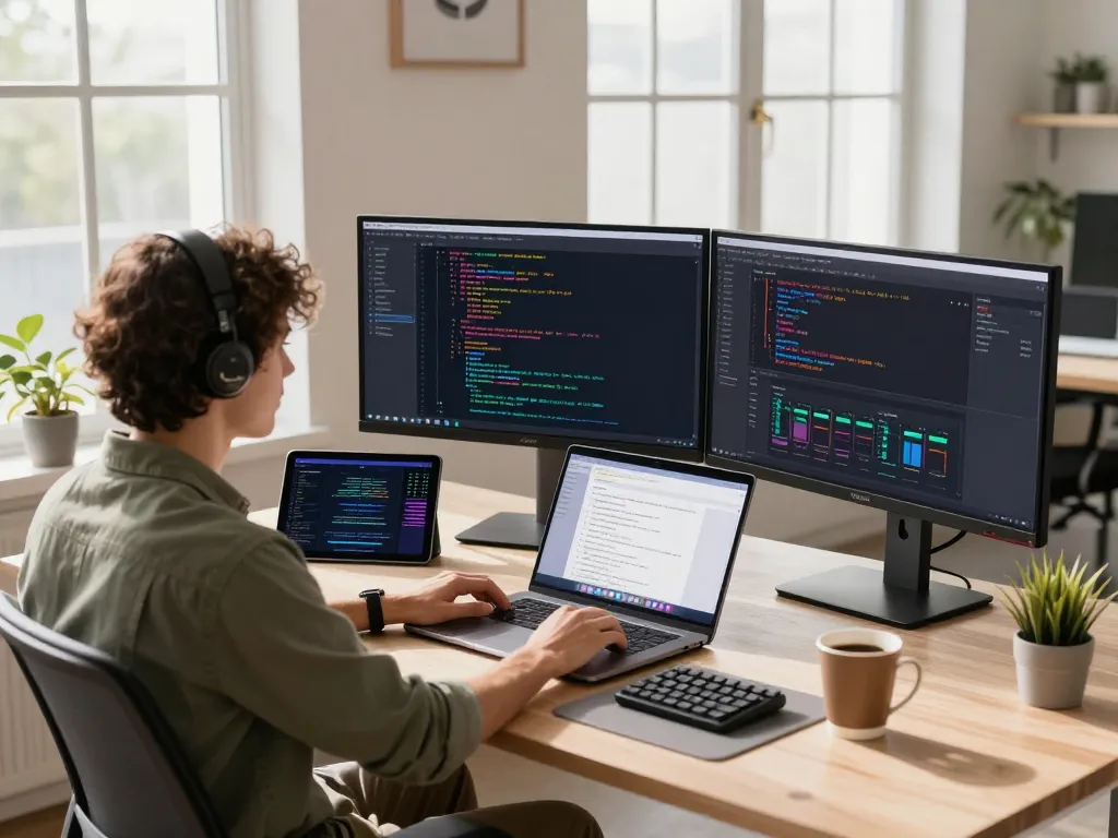Moltbot AI workspace with developer coding on dual monitors, showcasing an innovative tech environment.