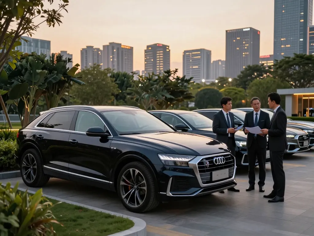 Cảnh cho thuê xe ô tô hạng sang với Audi Q8 thể hiện cho thuê xe ô tô hạng sang trong một môi trường đô thị thanh lịch.