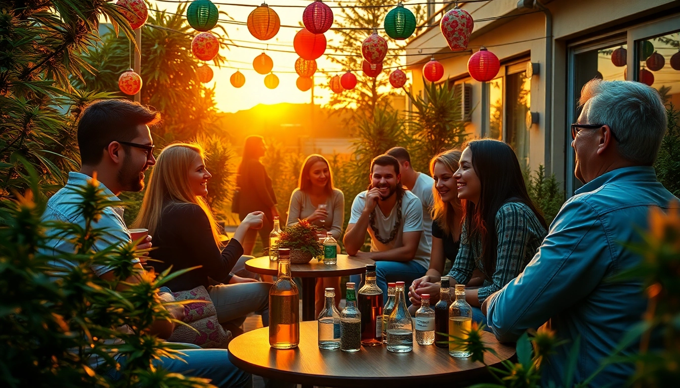 Friends enjoying cannabis at Clubs Cannabis Lloret De Mar in a vibrant outdoor setting.
