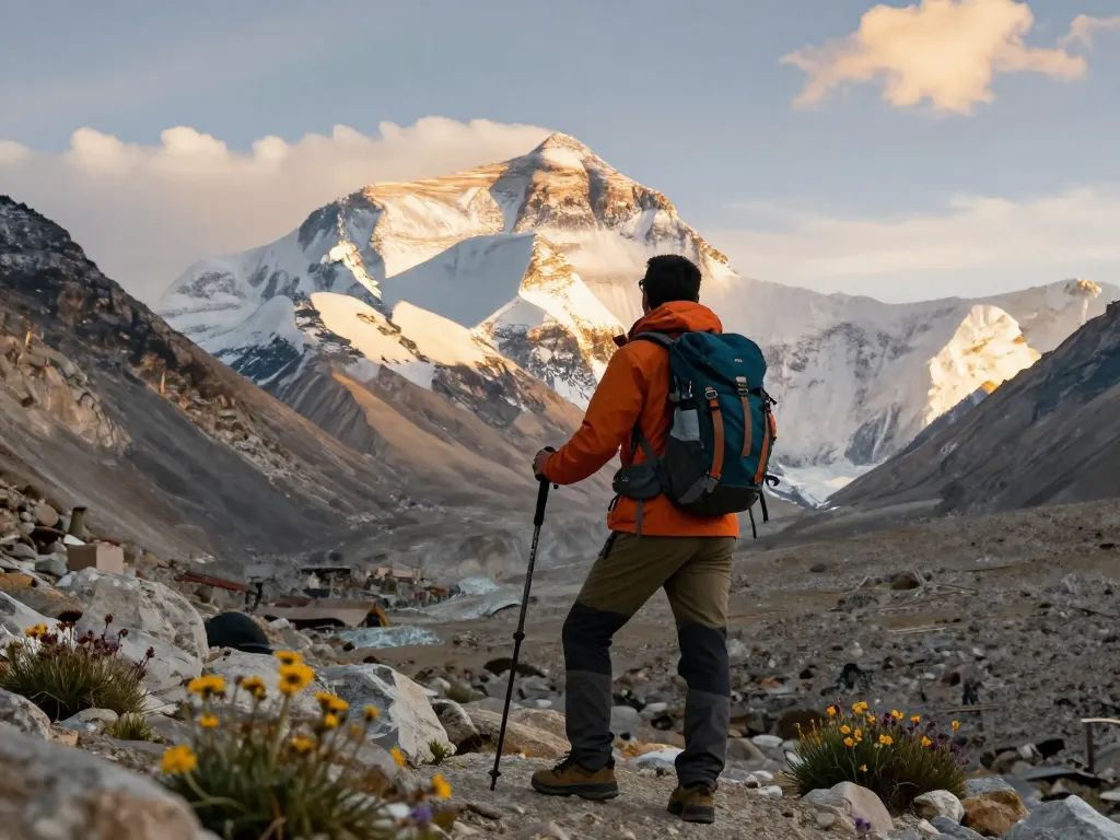 Traveler on Everest Base Camp Trek gazing at majestic mountains, symbolizing adventure and achievement.