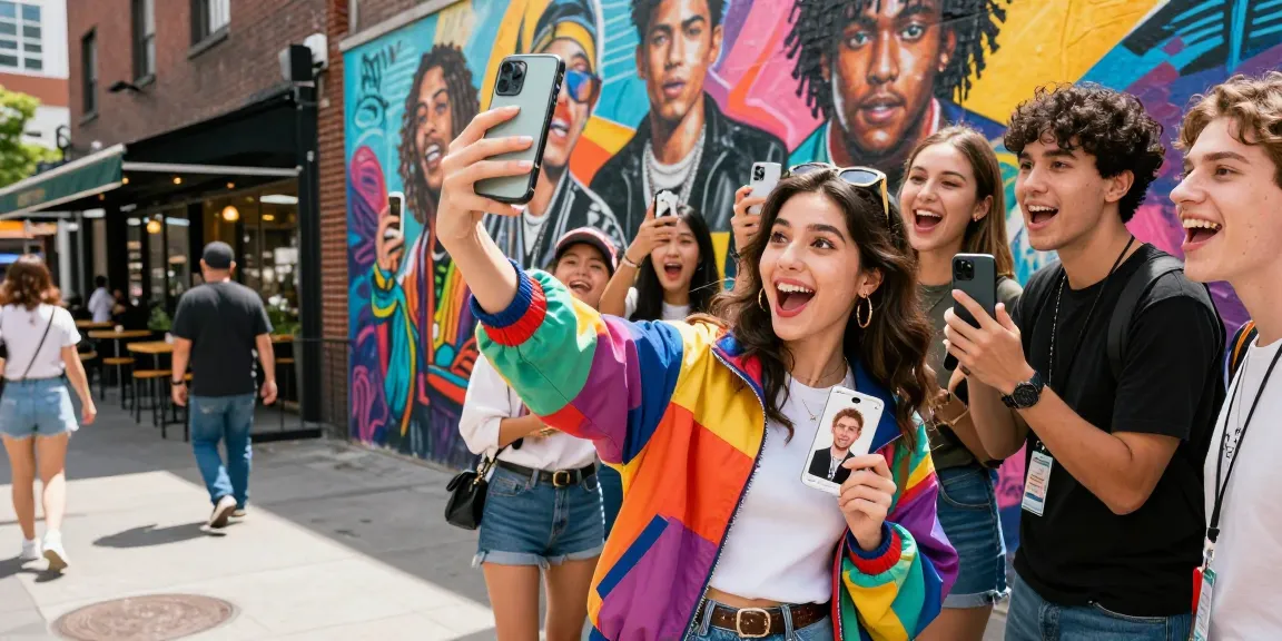 Young woman taking a selfie to find out who looks like a celebrity with friends in a vibrant urban setting.