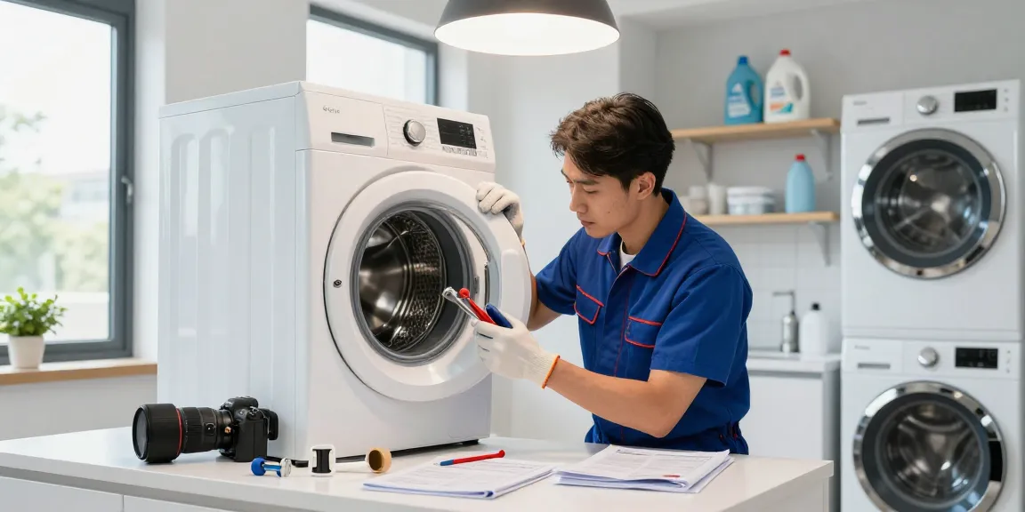 Expert washer repair by technician in modern laundry room, emphasizing efficiency and quality service.