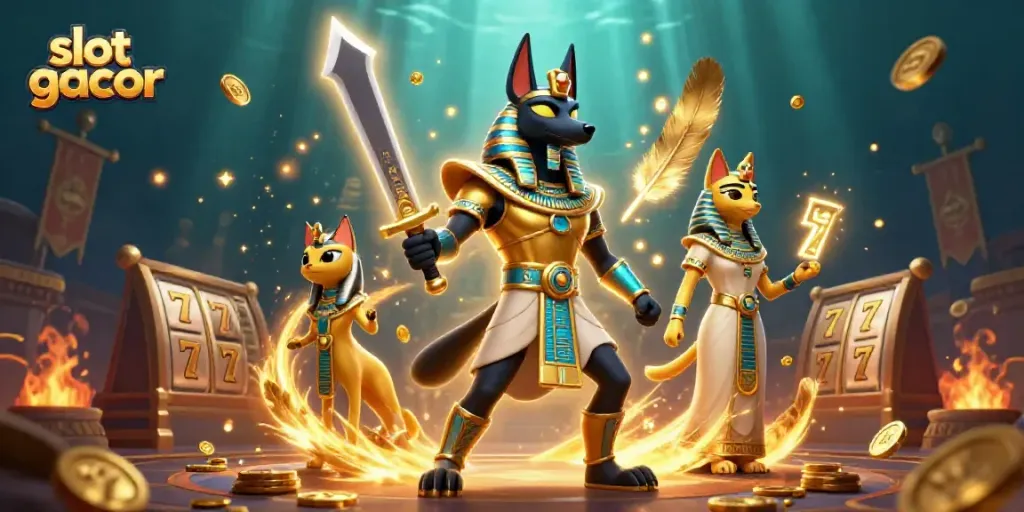 Experience slot gacor action with Anubis and Bastet in a vibrant ancient casino scene.