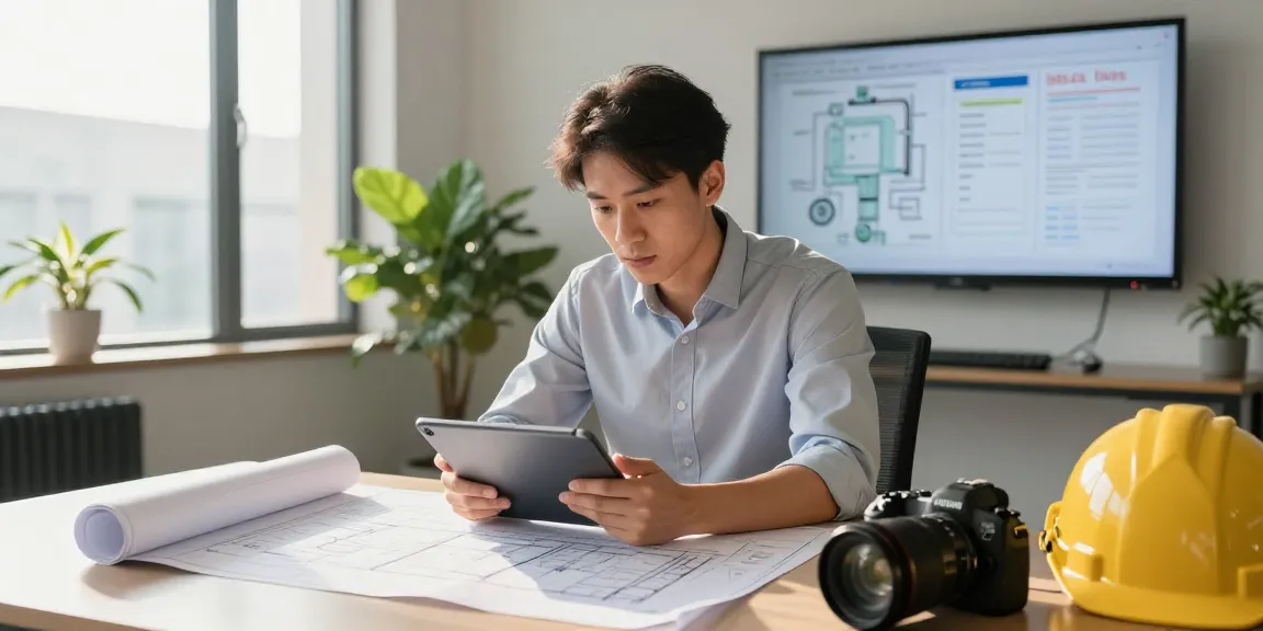 Engineer providing permit engineering services in Missouri with blueprints and a tablet in a modern office setting.