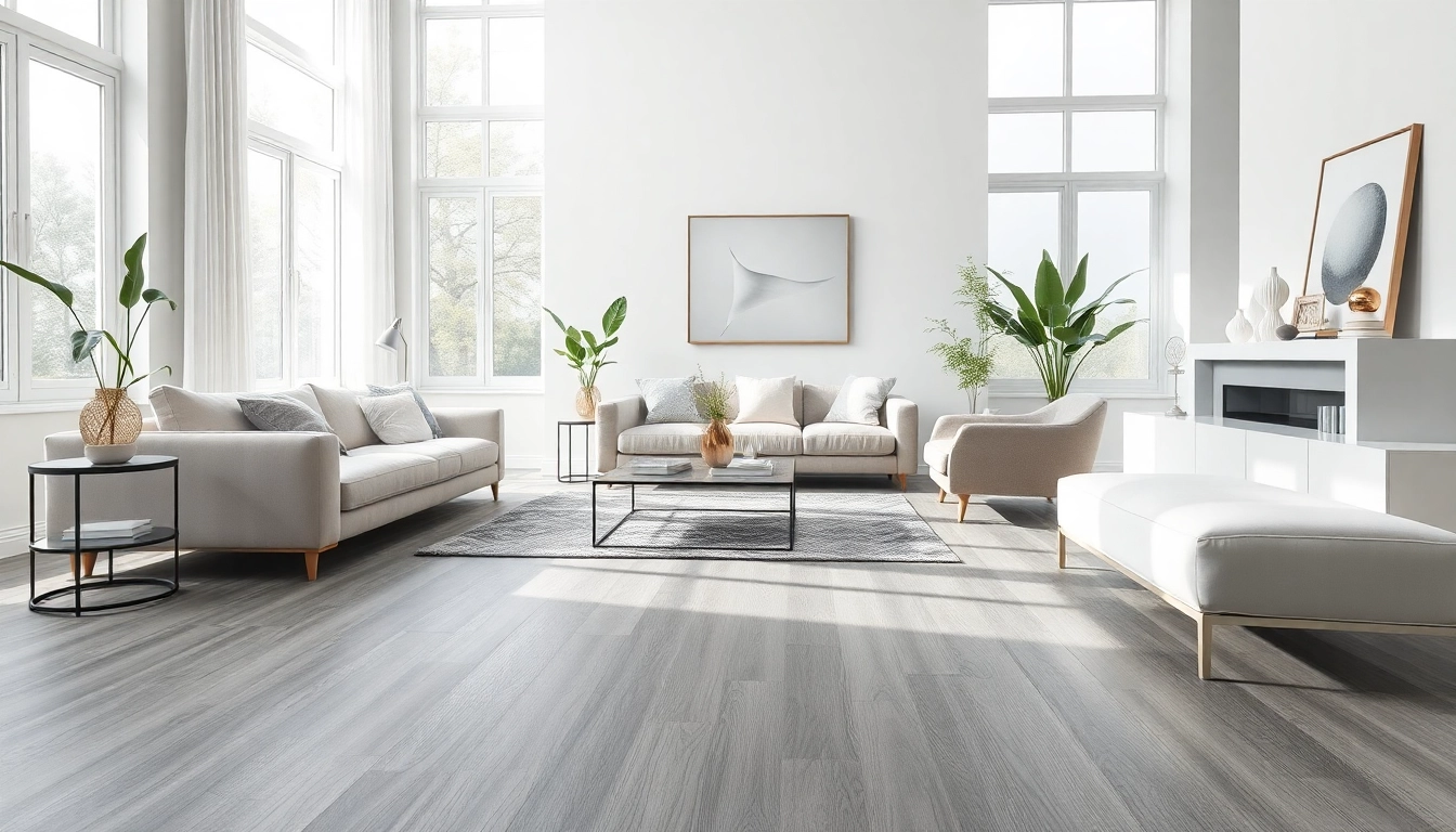 Admire the elegant grey vinyl flooring enhancing a stylish living room's ambiance.