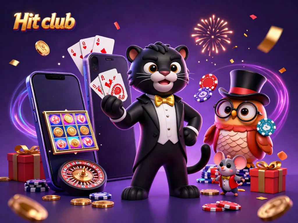 Join the excitement of Hit club as the panther deals cards amidst vibrant gaming elements.
