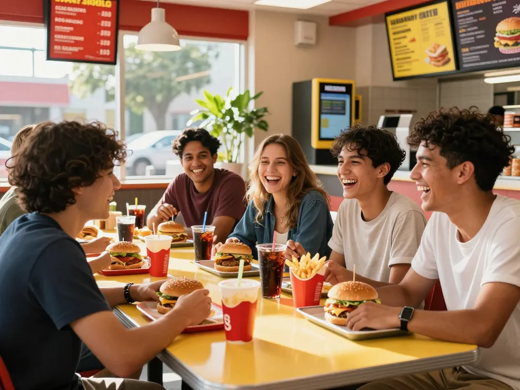 Fast food menu items displayed at a lively restaurant with friends enjoying their meals together.
