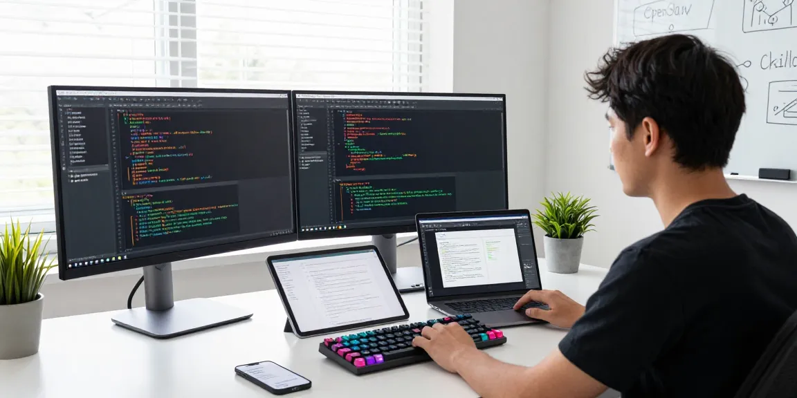Developer creating openclaw skills in a modern workspace with dual monitors and technical documentation.
