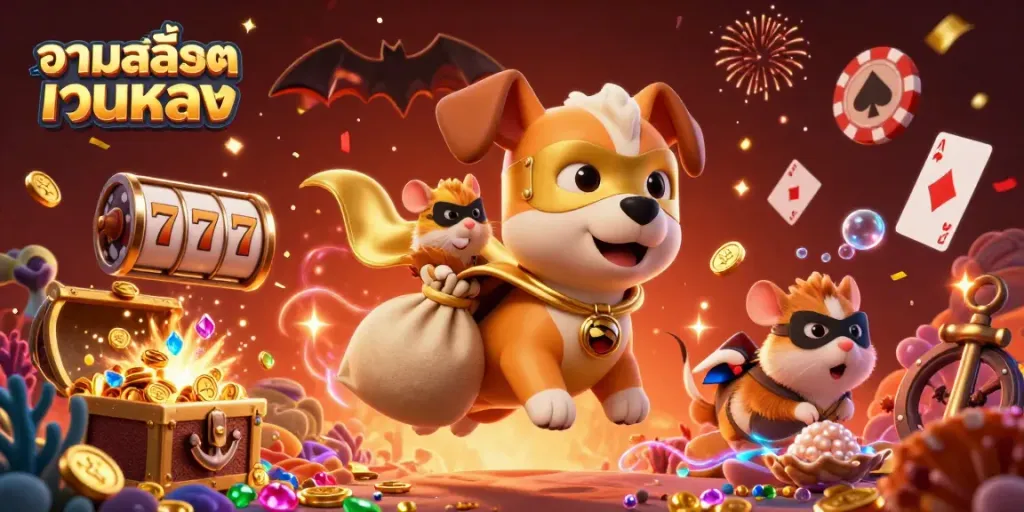 Engage with รวมสล็อตเว็บตรง as a superhero dog and sidekick hamster soar through a dynamic 3D casino scene filled with gold coins.