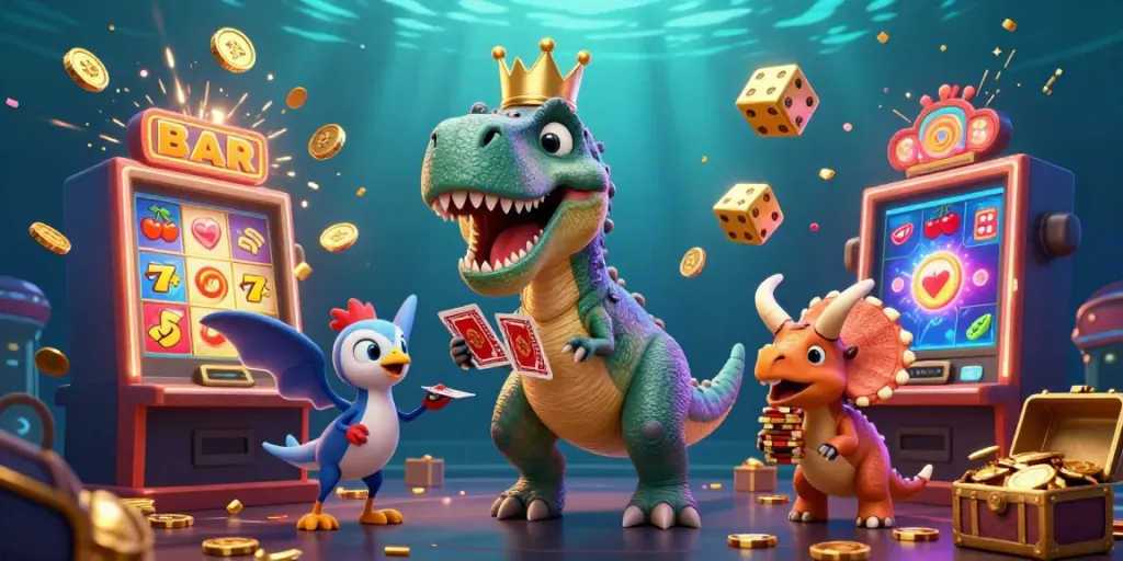 Puncaktoto menghadirkan ilustrasi kasino 3D dengan T-Rex dan teman-teman yang menangkap keseruan permainan togel 4D.