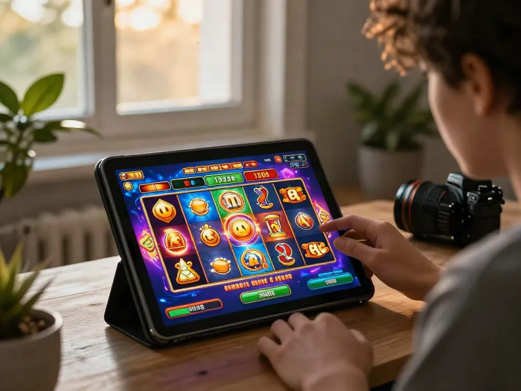 Player enjoying an exciting slot game on a tablet at home, surrounded by colorful graphics and warm lighting.