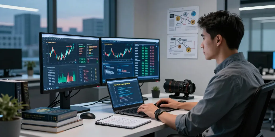 Expert working to recover stolen cryptocurrency at a high-tech workstation.