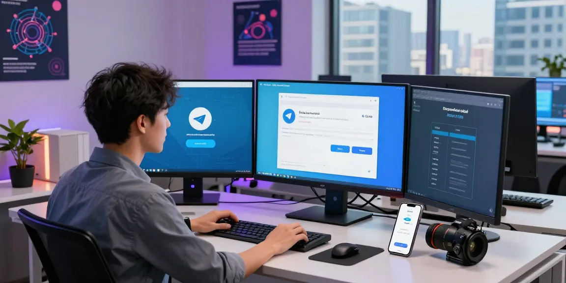 Young professional navigating the Telegram China registration guide in a modern tech workspace, showcasing smartphones and computers.